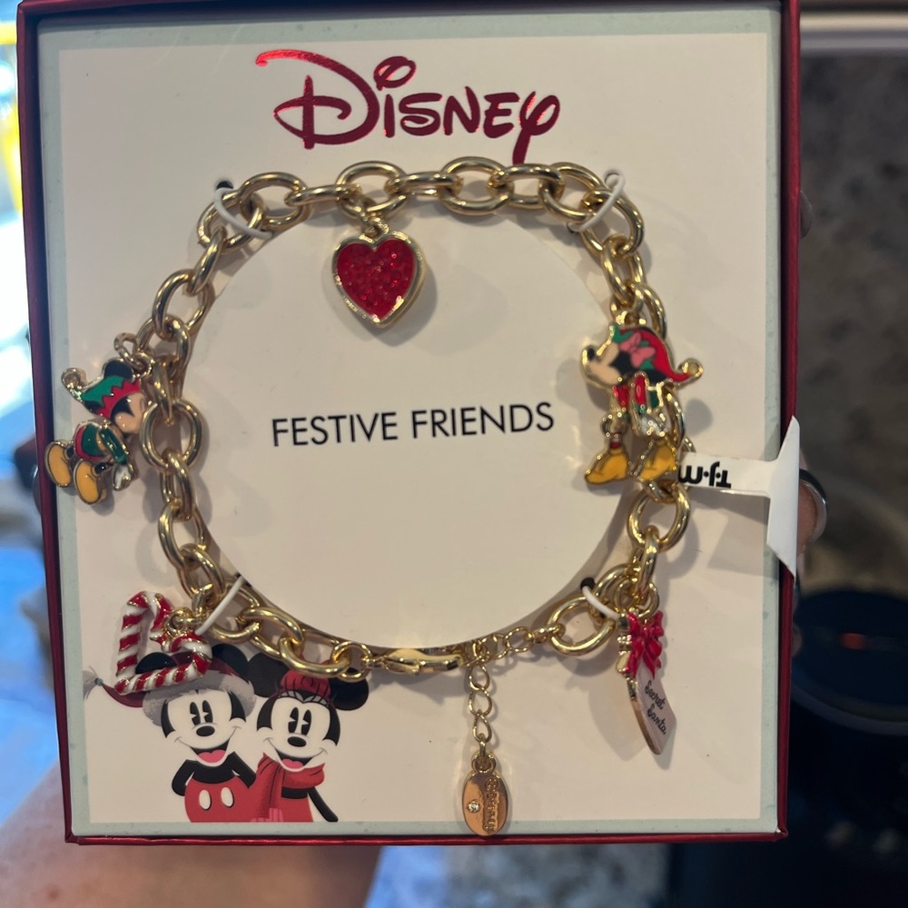 Disney Gold Charm Bracelet with Christmas Mickey and Minnie